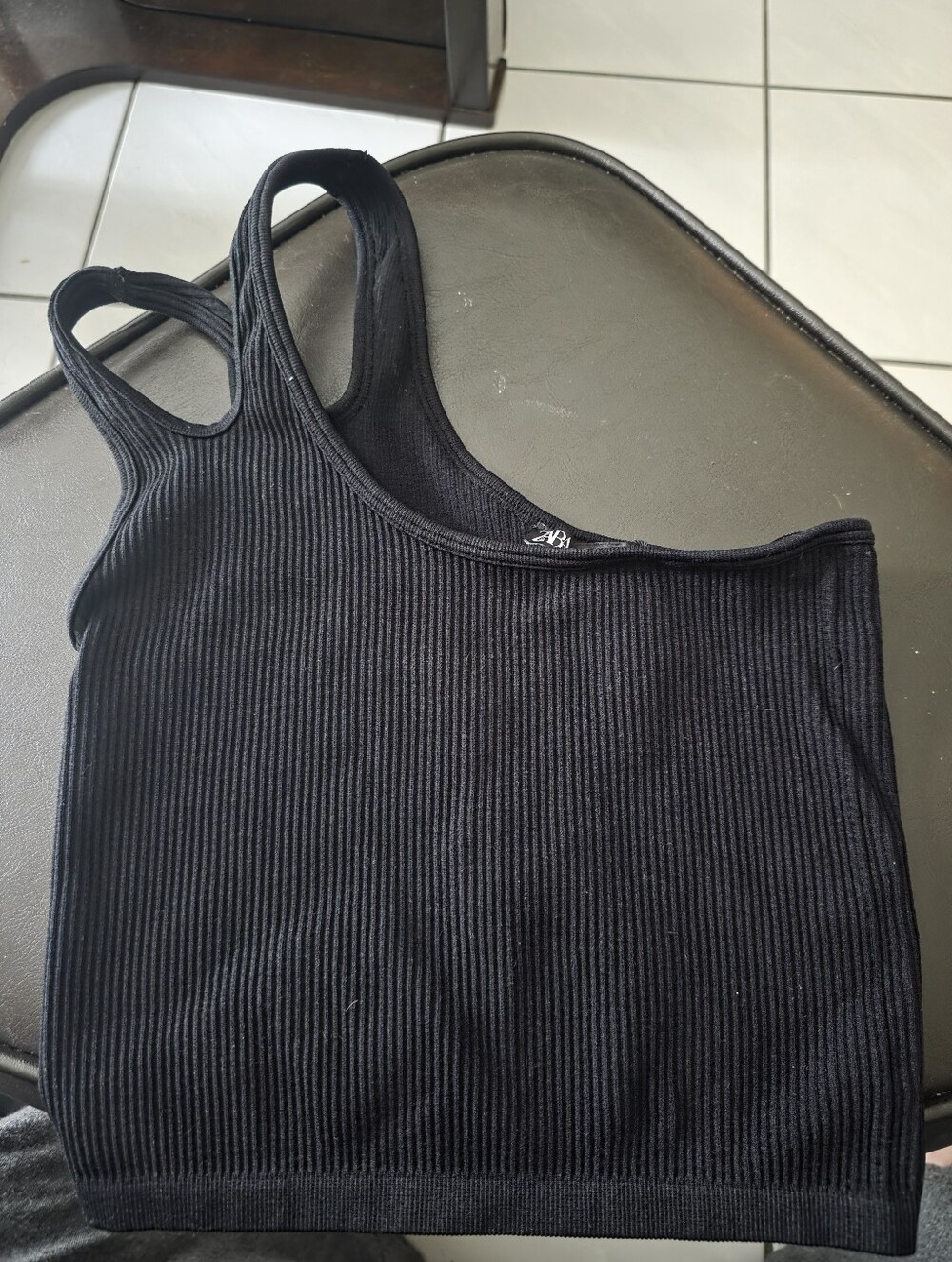 Zara Black Ribbed Asymmetric One-Shoulder Tank